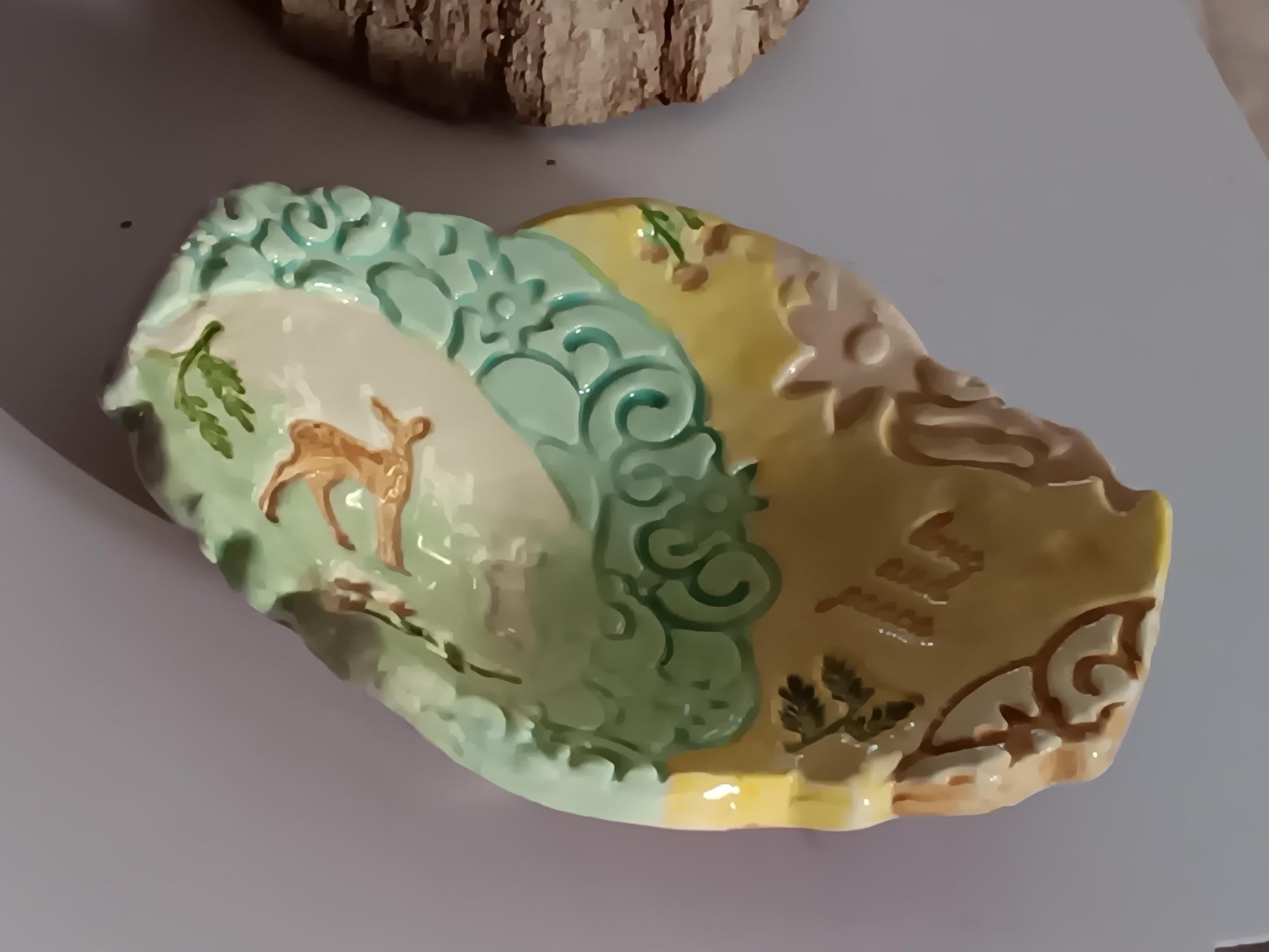 Handmade Ceramic Trinket Dish: Deer, Rabbit, Scrolled Plate, Pastel Colors - Gems by Gigi