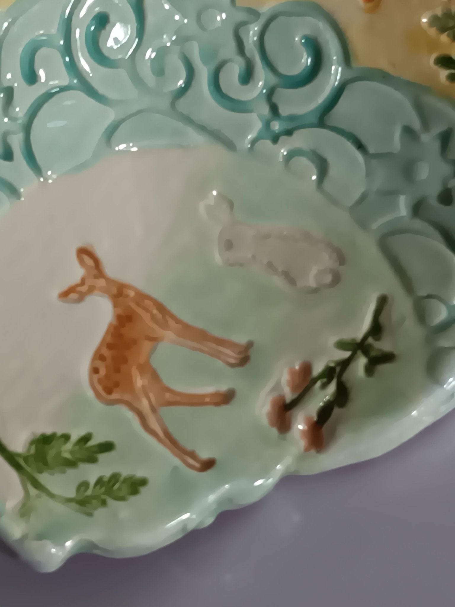 Handmade Ceramic Trinket Dish: Deer, Rabbit, Scrolled Plate, Pastel Colors - Gems by Gigi