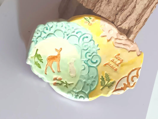Handmade Ceramic Trinket Dish: Deer, Rabbit, Scrolled Plate, Pastel Colors - Gems by Gigi