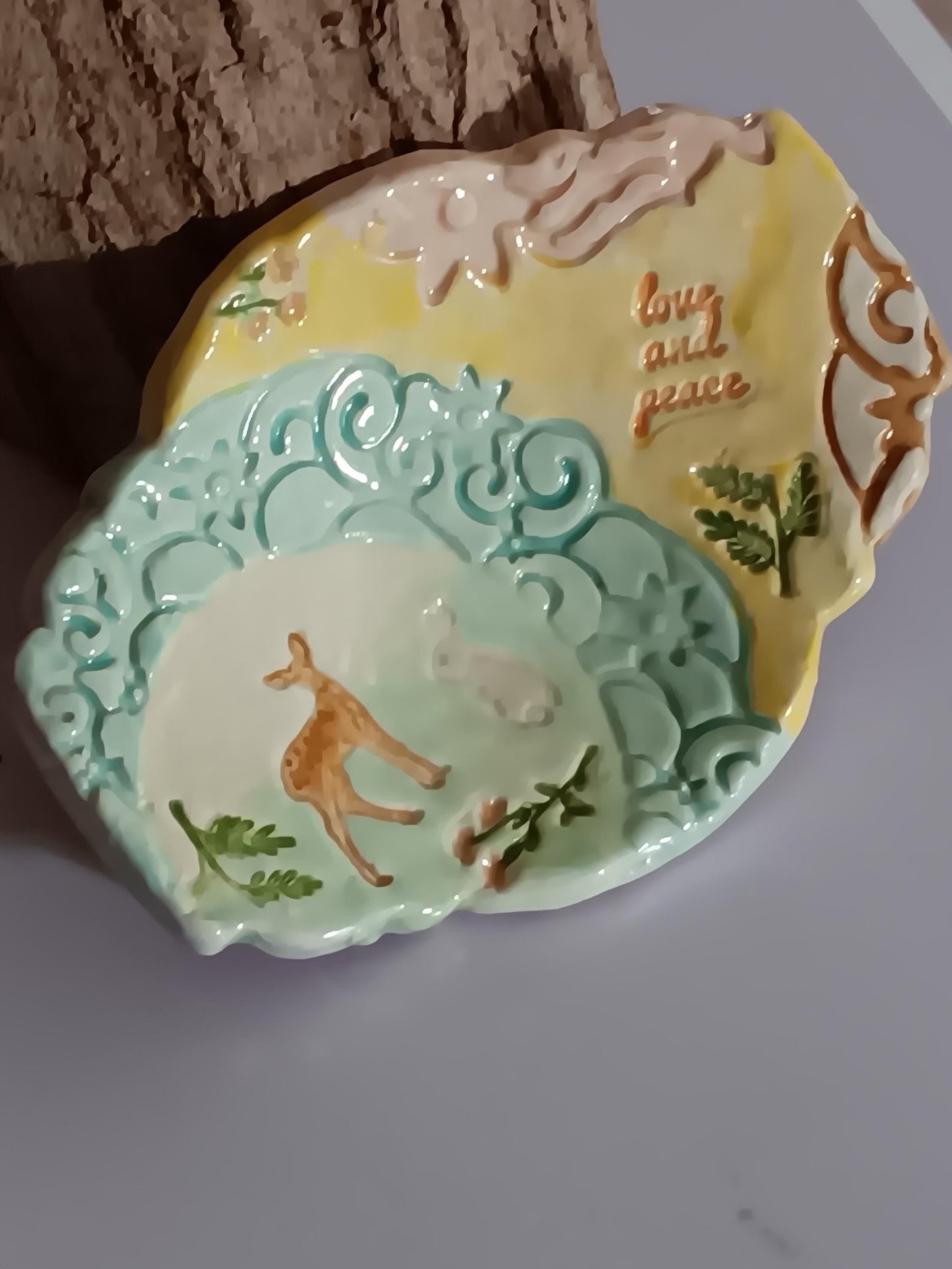 Handmade Ceramic Trinket Dish: Deer, Rabbit, Scrolled Plate, Pastel Colors - Gems by Gigi