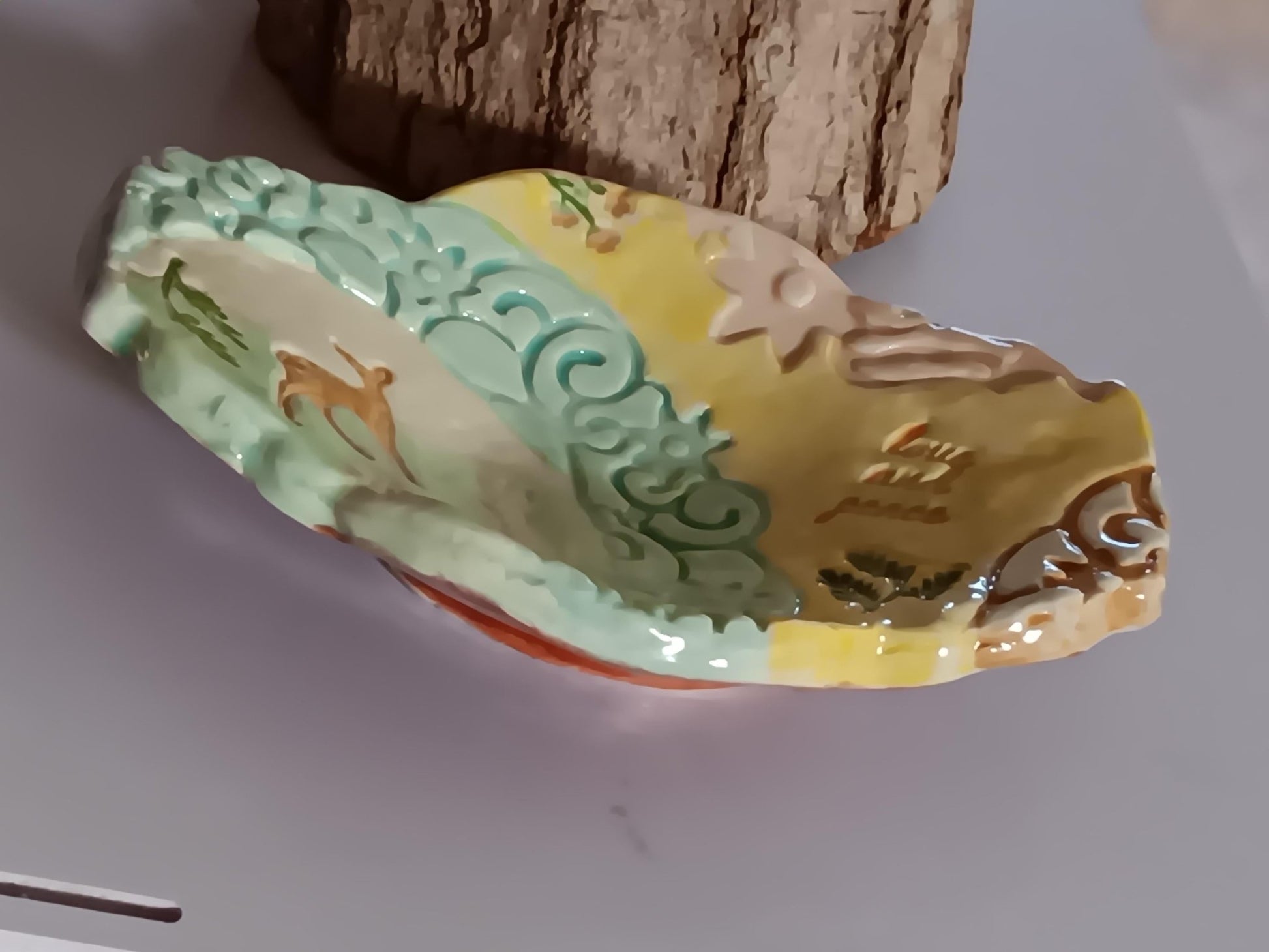 Handmade Ceramic Trinket Dish: Deer, Rabbit, Scrolled Plate, Pastel Colors - Gems by Gigi