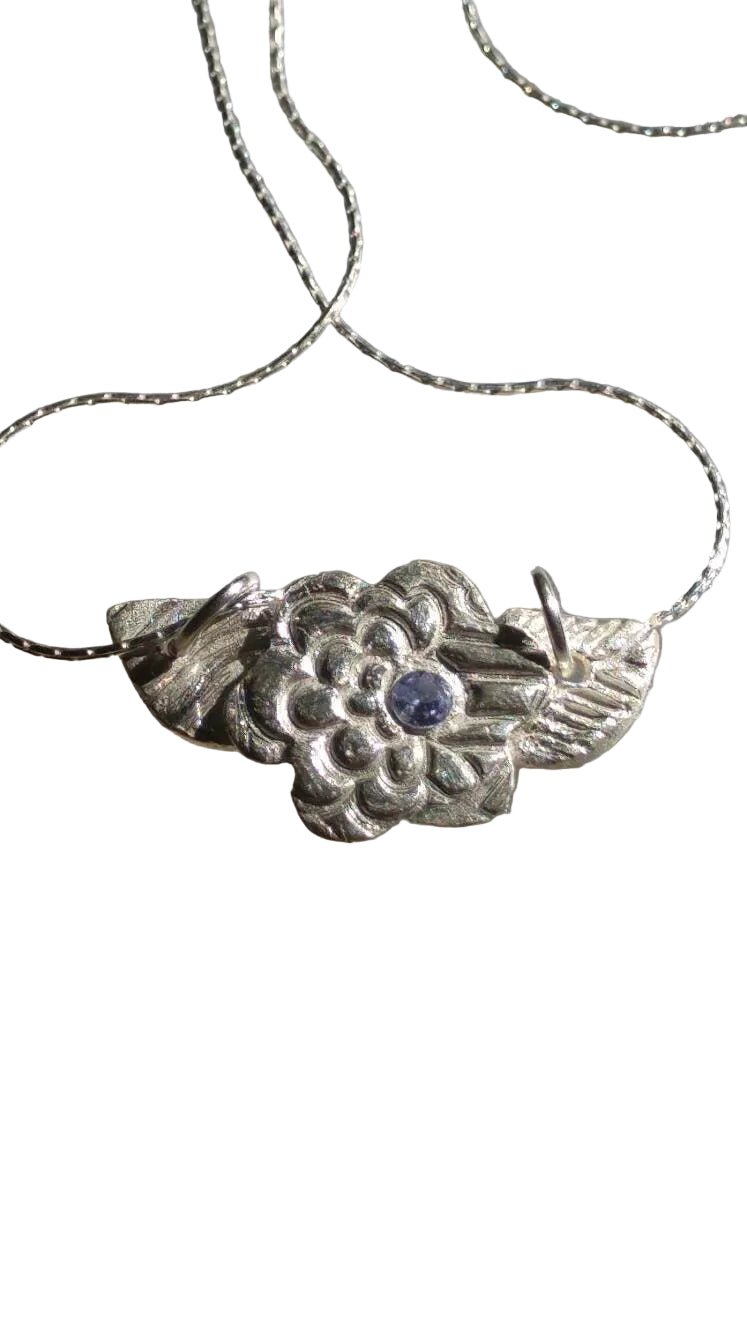 Handmade Sapphire Flower Leaf Pendant Fine Silver - Gems by Gigi