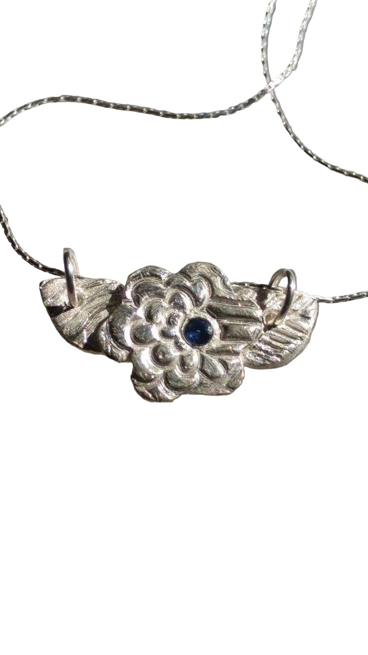 Handmade Sapphire Flower Leaf Pendant Fine Silver - Gems by Gigi