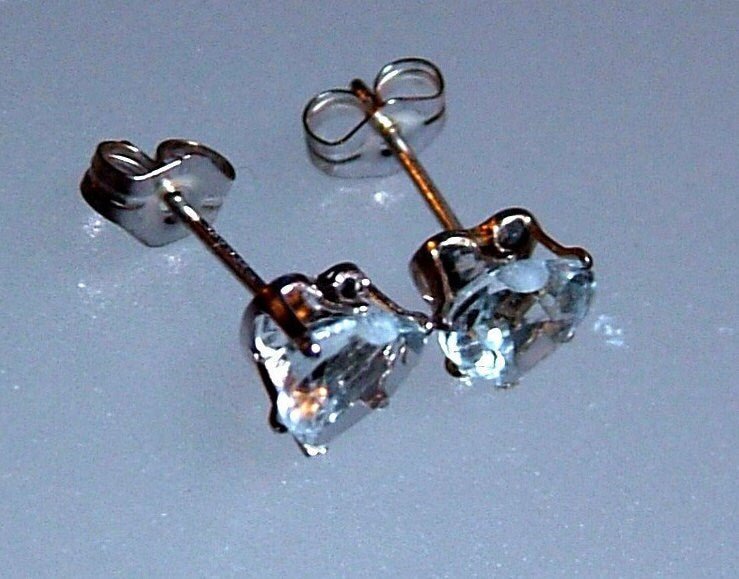Heart Aquamarine Solitaire Stud Earrings Sterling Silver - Gems by Gigi