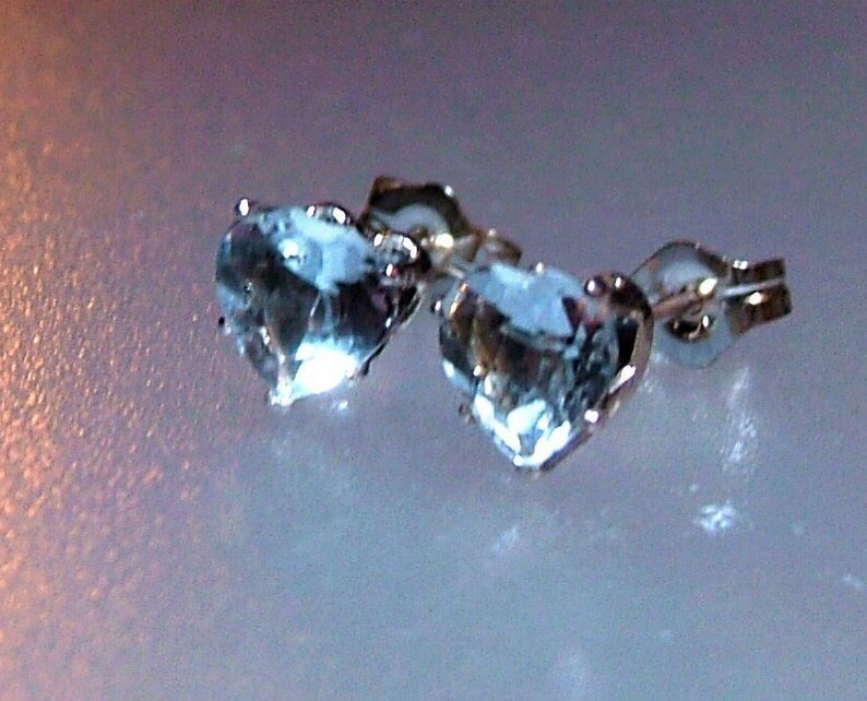 Heart Aquamarine Solitaire Stud Earrings Sterling Silver - Gems by Gigi