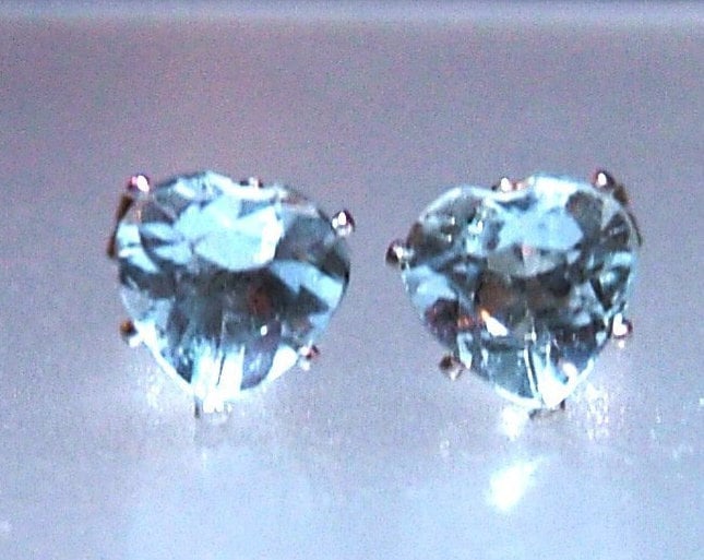 Heart Aquamarine Solitaire Stud Earrings Sterling Silver - Gems by Gigi