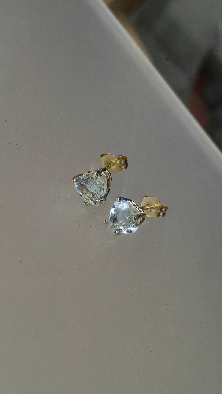 Heart Aquamarine Stud Earrings Yellow Gold 14kt - Gems by Gigi