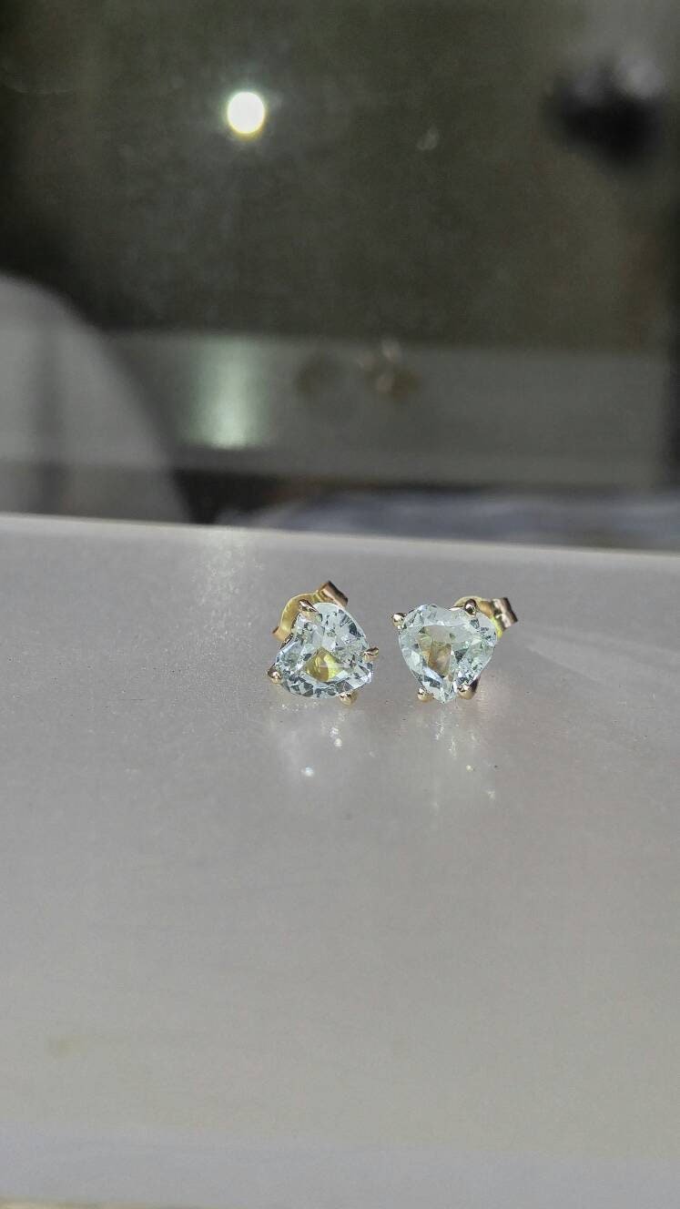 Heart Aquamarine Stud Earrings Yellow Gold 14kt - Gems by Gigi