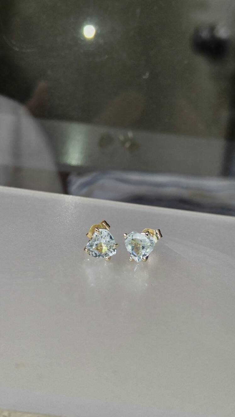 Heart Aquamarine Stud Earrings Yellow Gold 14kt - Gems by Gigi