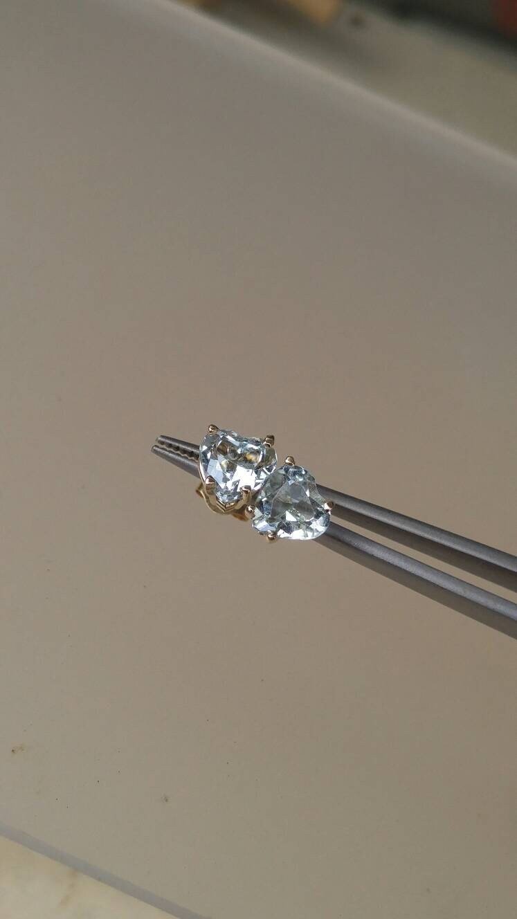 Heart Aquamarine Stud Earrings Yellow Gold 14kt - Gems by Gigi