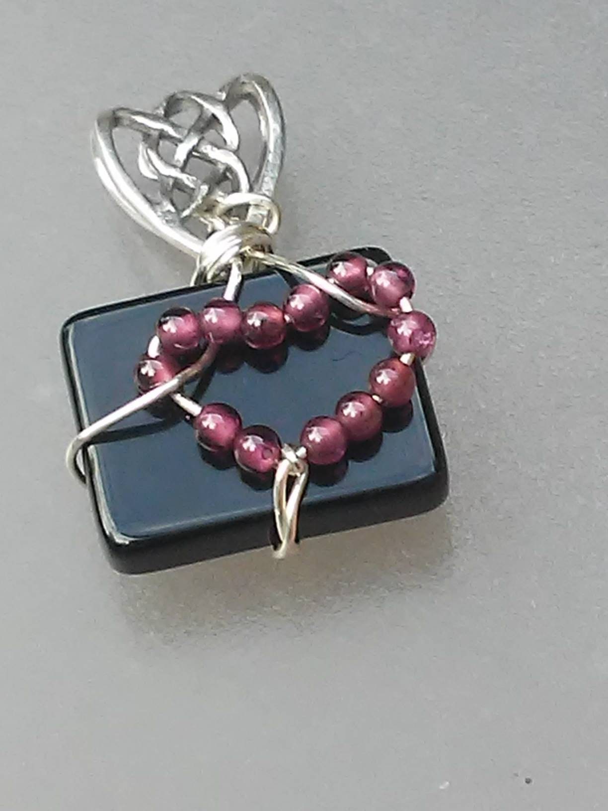 Heart Pendant Garnet Onyx Celtic Bail Sterling Silver - Gems by Gigi