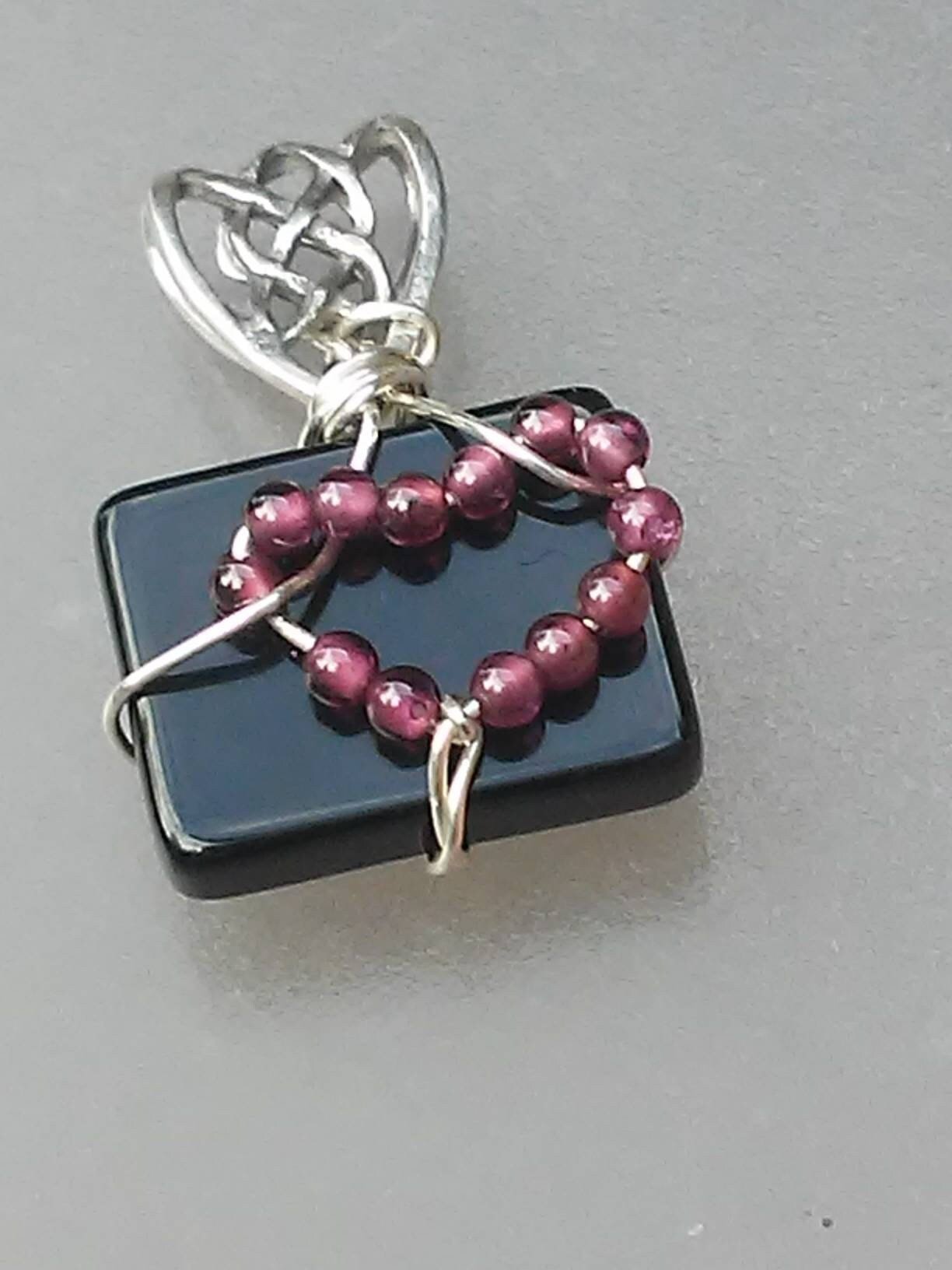 Heart Pendant Garnet Onyx Celtic Bail Sterling Silver - Gems by Gigi