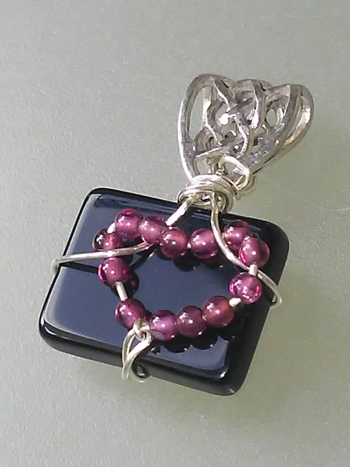 Heart Pendant Garnet Onyx Celtic Bail Sterling Silver - Gems by Gigi