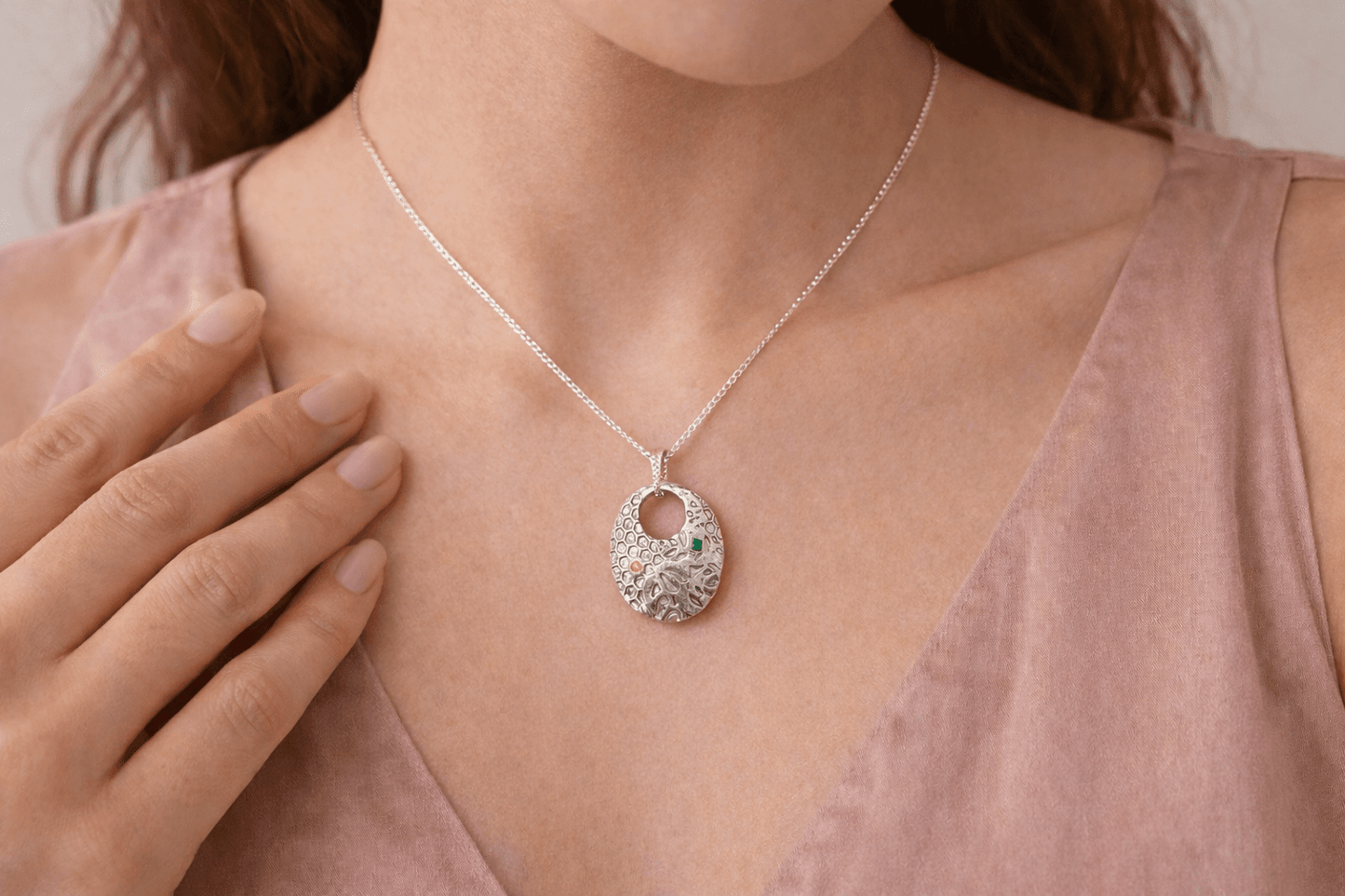 Honeycomb Leaf Pendant Padparadscha Sapphire Emerald Fine Silver - Gems by Gigi