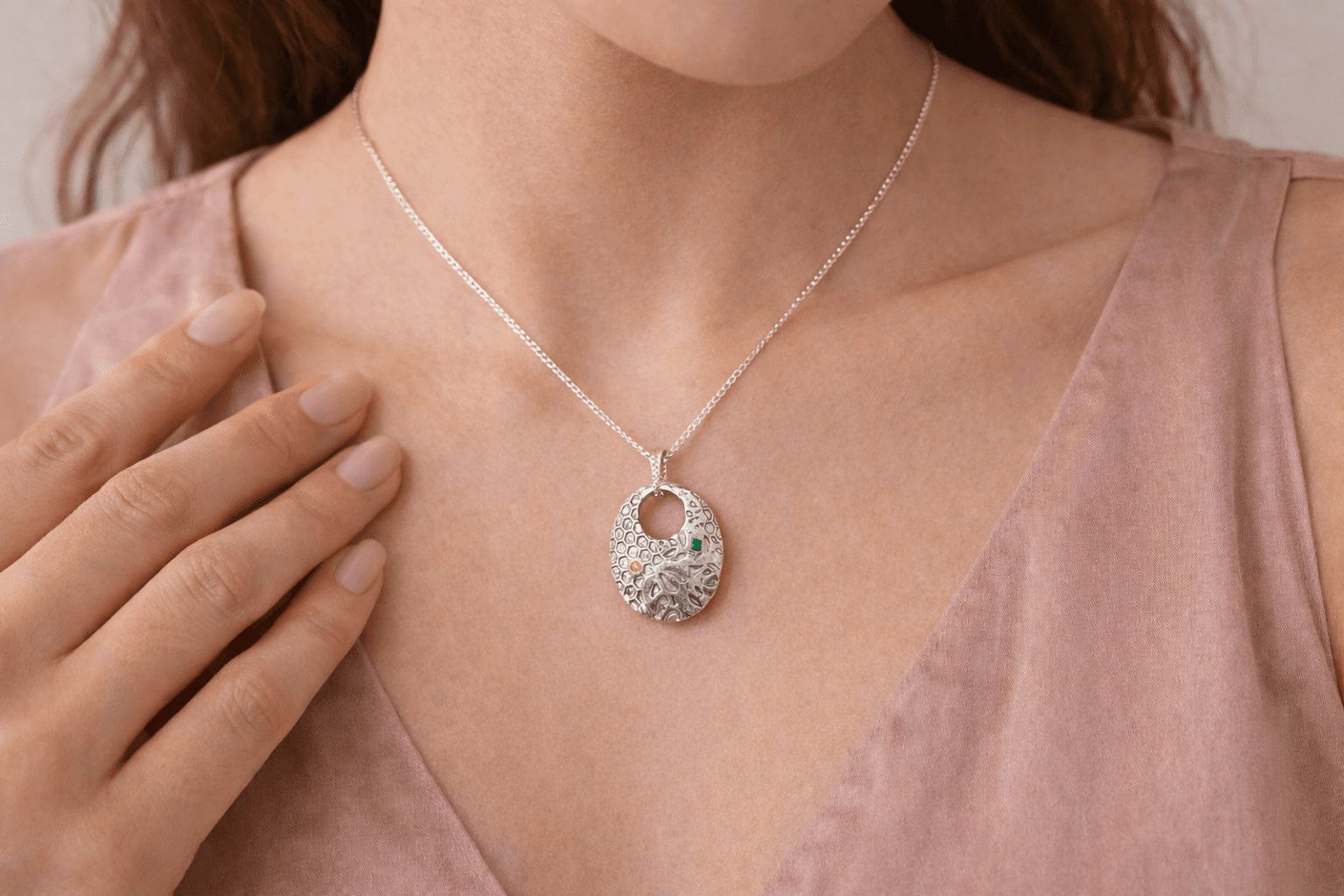 Honeycomb Leaf Pendant Padparadscha Sapphire Emerald Fine Silver - Gems by Gigi