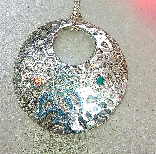 Honeycomb Leaf Pendant Padparadscha Sapphire Emerald Fine Silver - Gems by Gigi