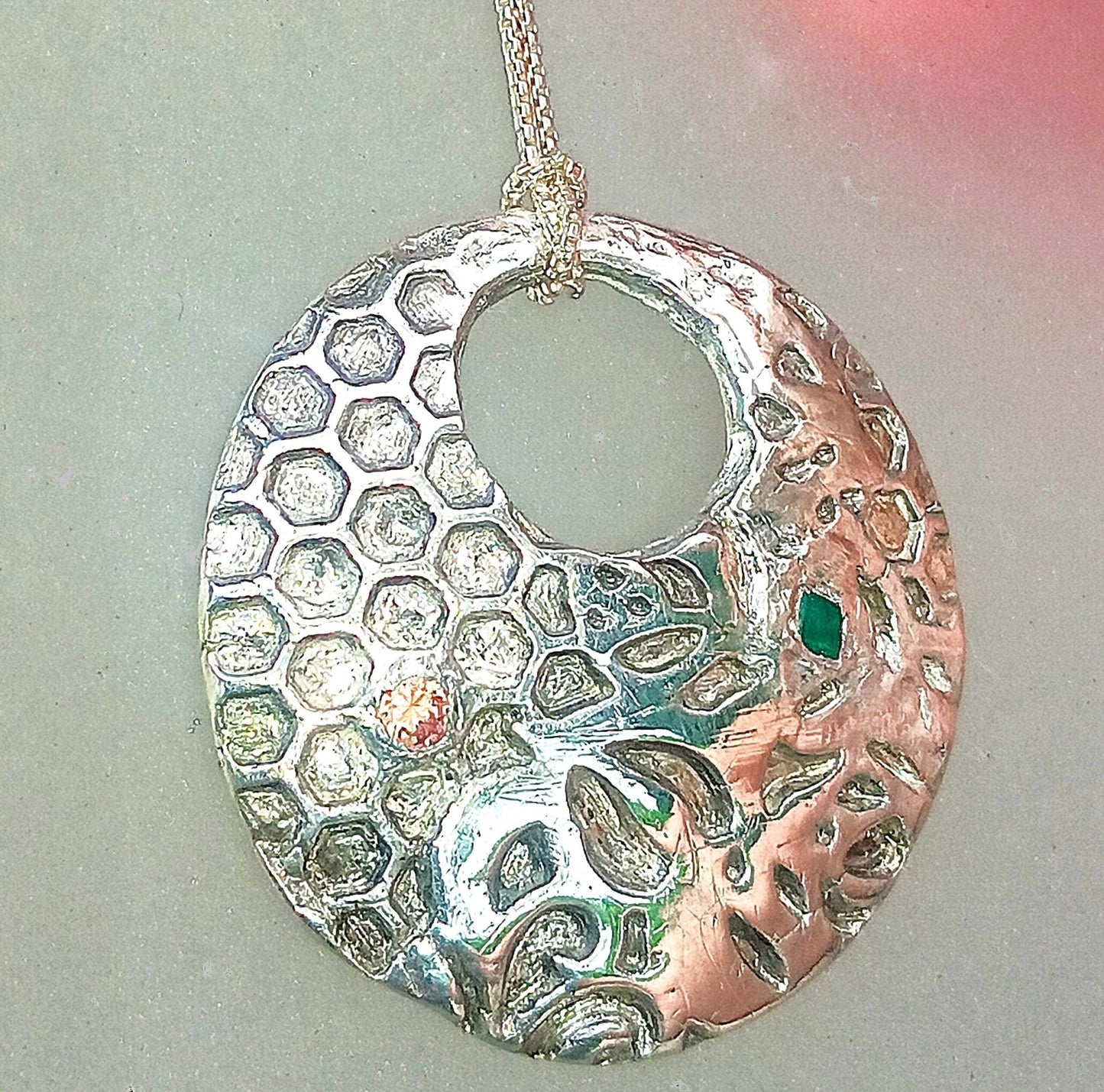 Honeycomb Leaf Pendant Padparadscha Sapphire Emerald Fine Silver - Gems by Gigi