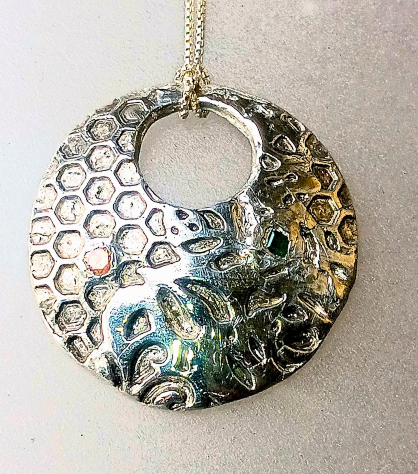 Honeycomb Leaf Pendant Padparadscha Sapphire Emerald Fine Silver - Gems by Gigi