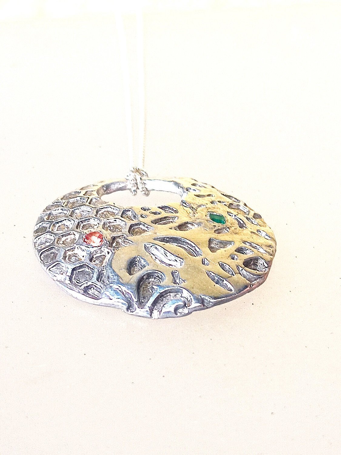 Honeycomb Leaf Pendant Padparadscha Sapphire Emerald Fine Silver - Gems by Gigi