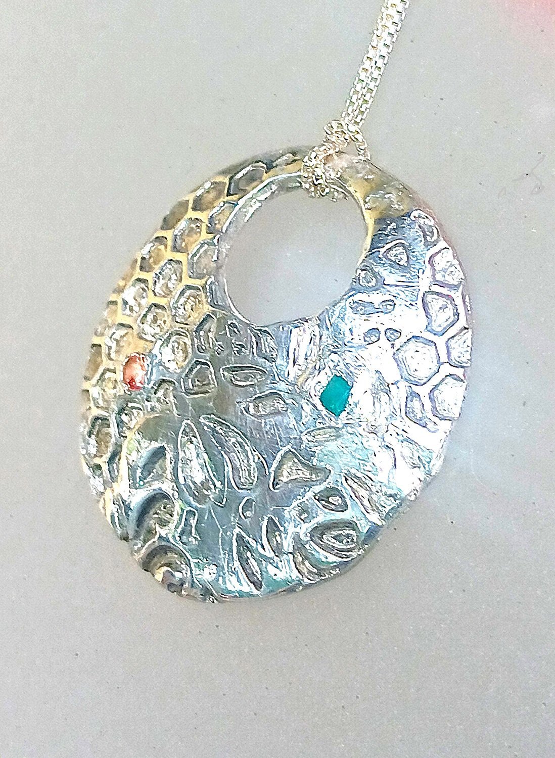 Honeycomb Leaf Pendant Padparadscha Sapphire Emerald Fine Silver - Gems by Gigi