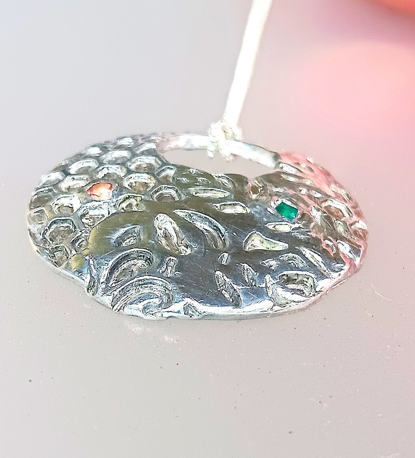 Honeycomb Leaf Pendant Padparadscha Sapphire Emerald Fine Silver - Gems by Gigi