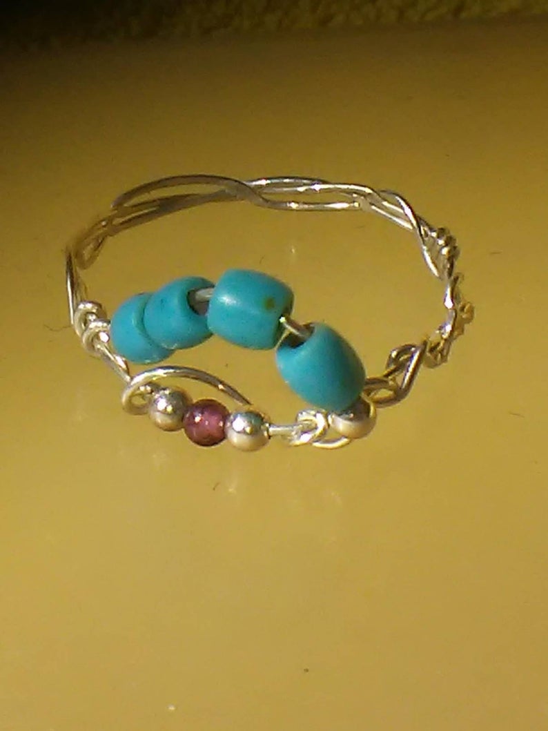 Dainty Garnet Turquoise Wave Ring Sterling Silver