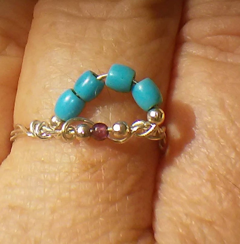 Dainty Garnet Turquoise Wave Ring Sterling Silver