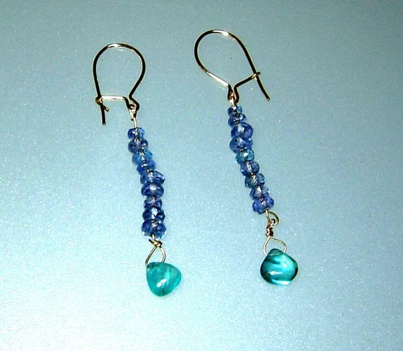 Tanzanite & Neon Apatite Dangle Earrings in 14kt Yellow Gold