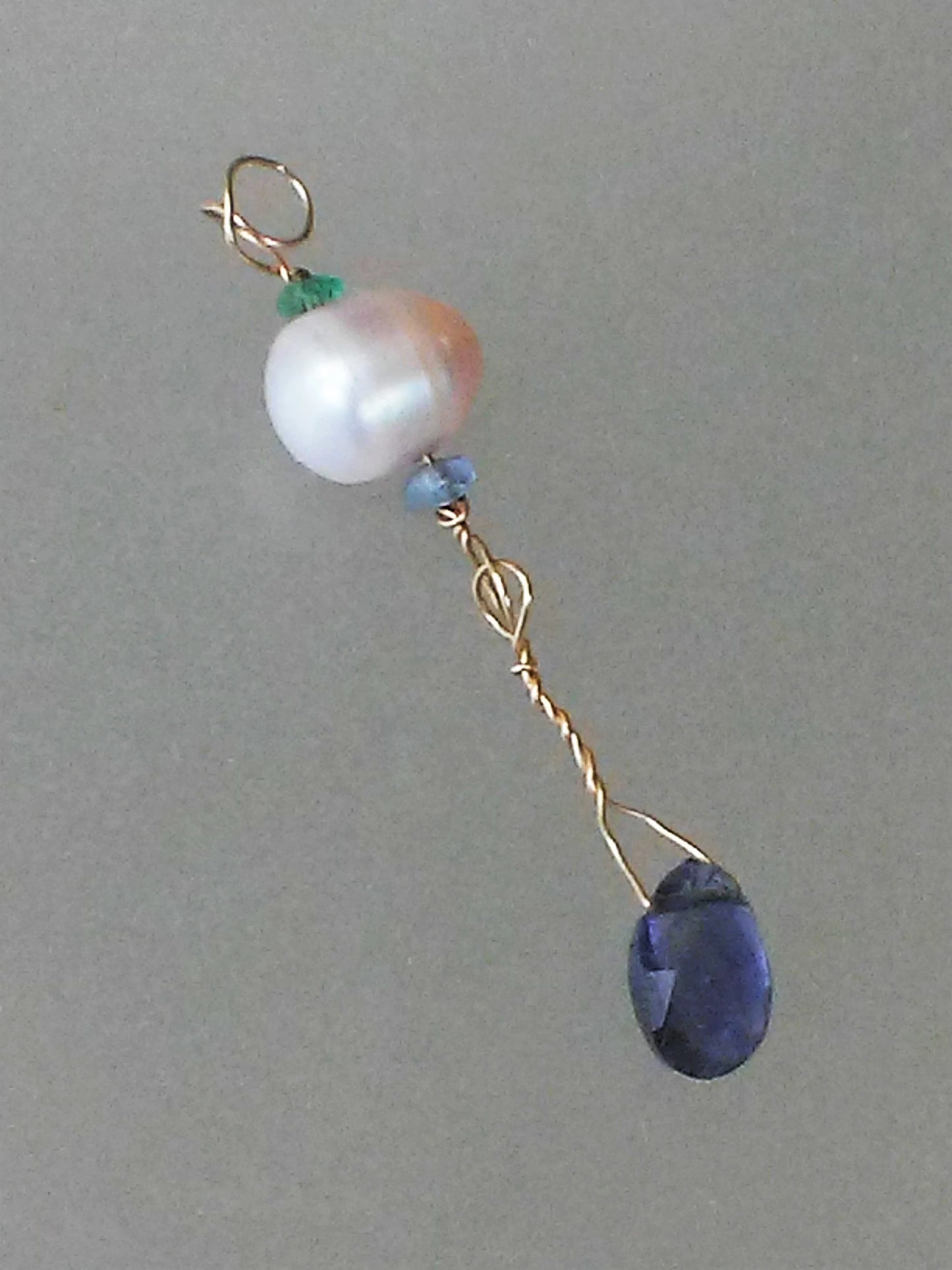 Freshwater Pearl Tanzanite Emerald Iolite Pendant 14kt