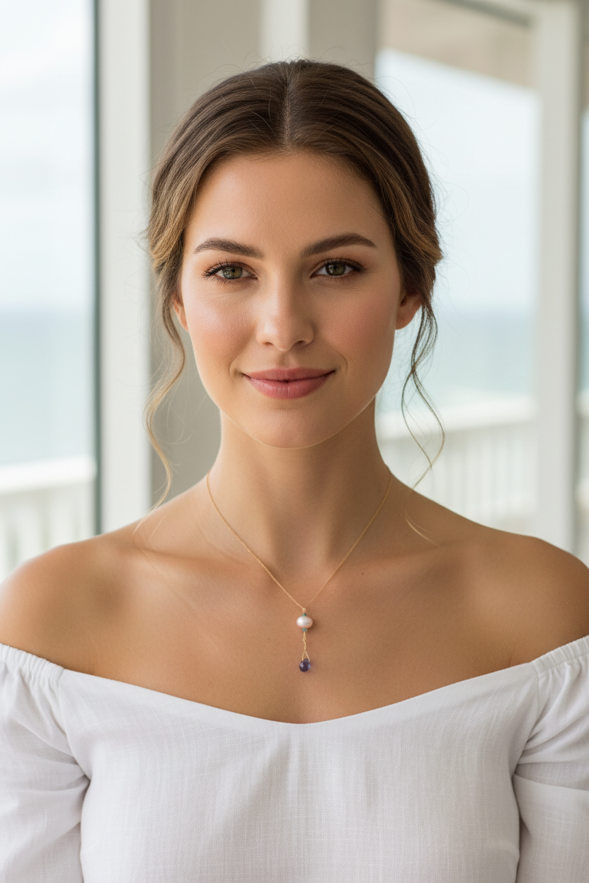 Freshwater Pearl Tanzanite Emerald Iolite Pendant 14kt