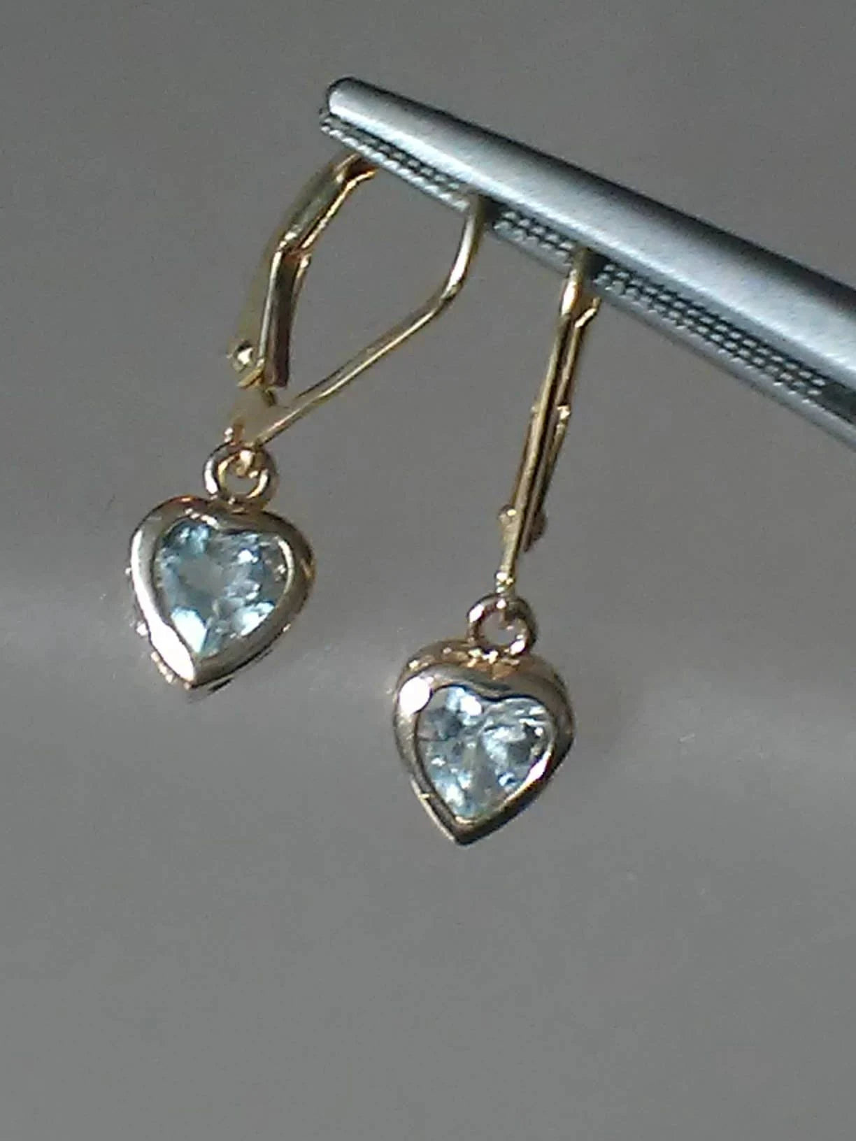 Aquamarine Heart Bezel Dangle Leverback Earrings Yellow Gold 14kt