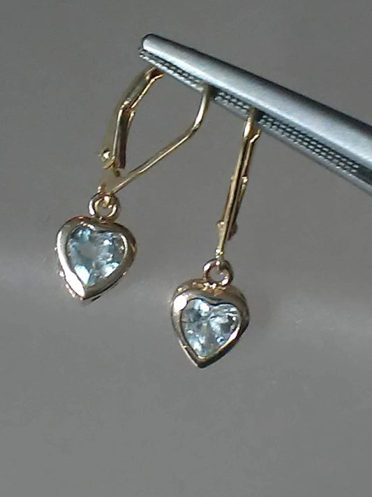 Aquamarine Heart Bezel Dangle Leverback Earrings Yellow Gold 14kt