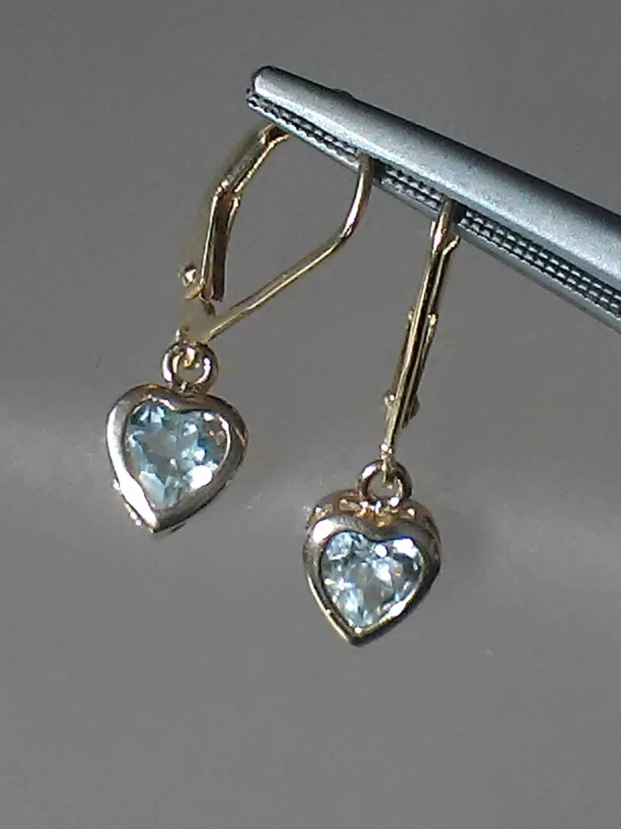 Aquamarine Heart Bezel Dangle Leverback Earrings Yellow Gold 14kt