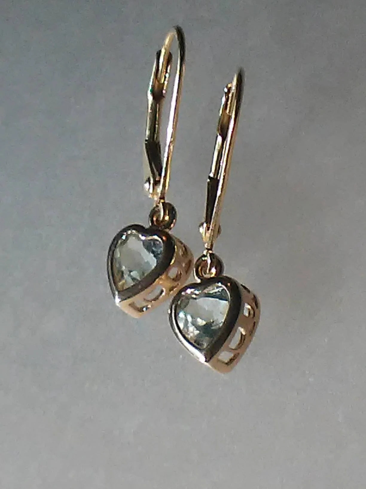 Aquamarine Heart Bezel Dangle Leverback Earrings Yellow Gold 14kt