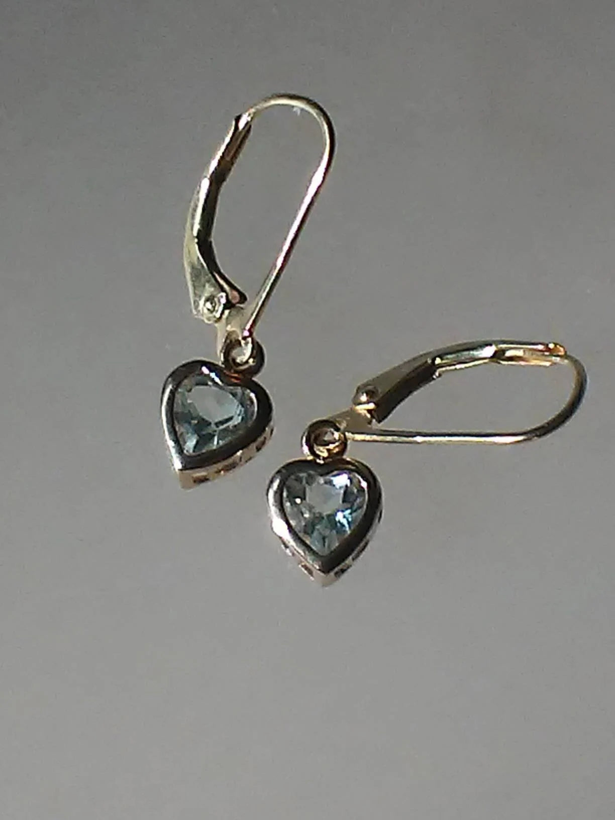 Aquamarine Heart Bezel Dangle Leverback Earrings Yellow Gold 14kt