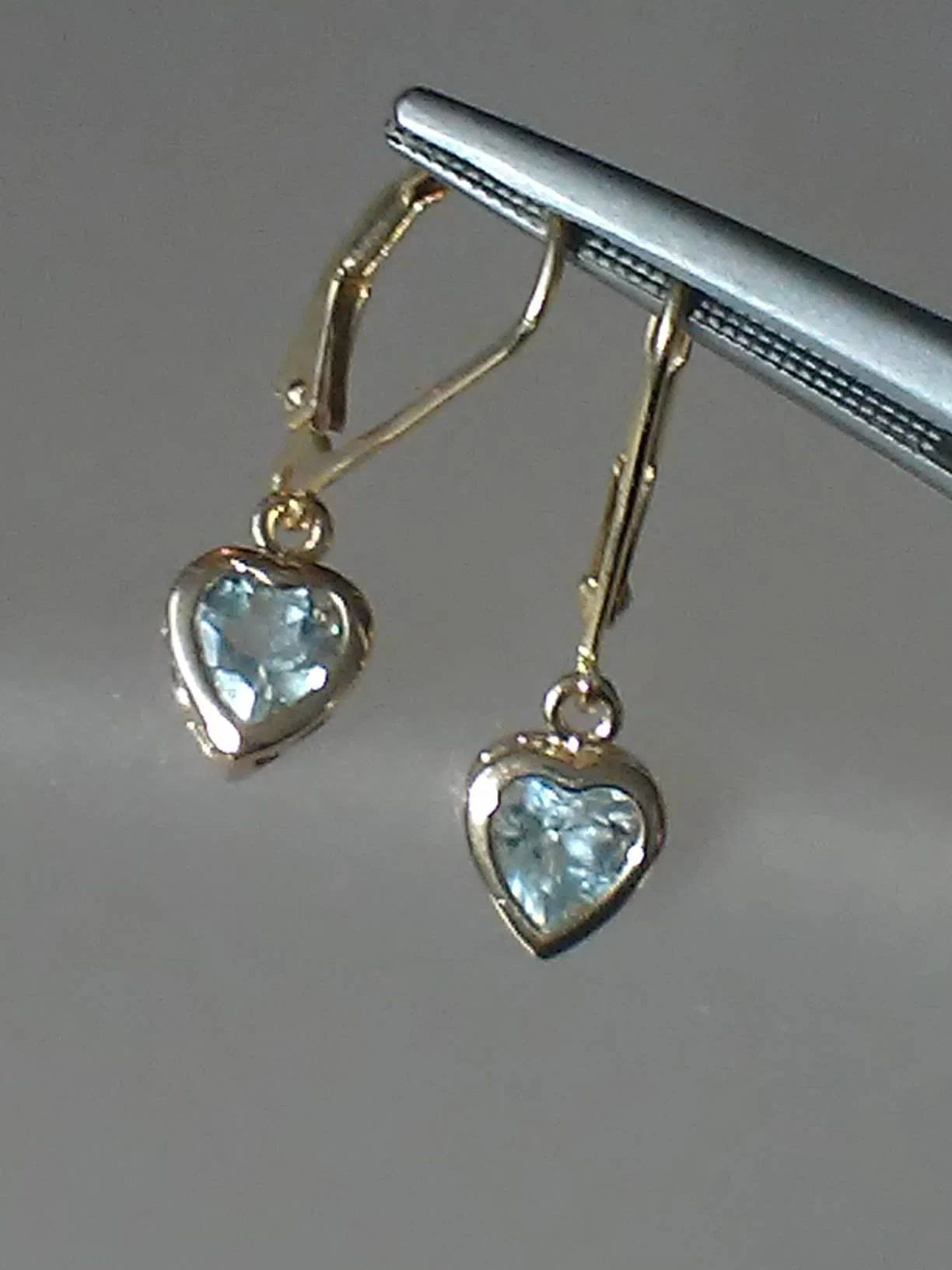 Aquamarine Heart Bezel Dangle Leverback Earrings Yellow Gold 14kt