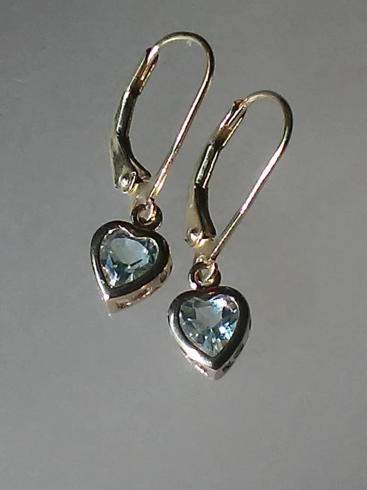 Aquamarine Heart Bezel Dangle Leverback Earrings Yellow Gold 14kt