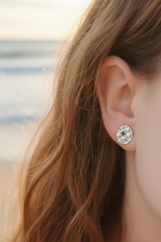 Emerald Stud Earrings Scales Circle Fine Silver 14kt