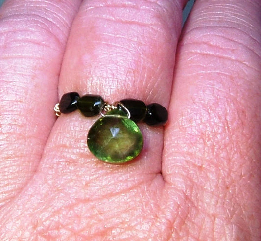 Green Tourmaline Band Briolette Ring 14kt Gold Wire Wrapped Handmade
