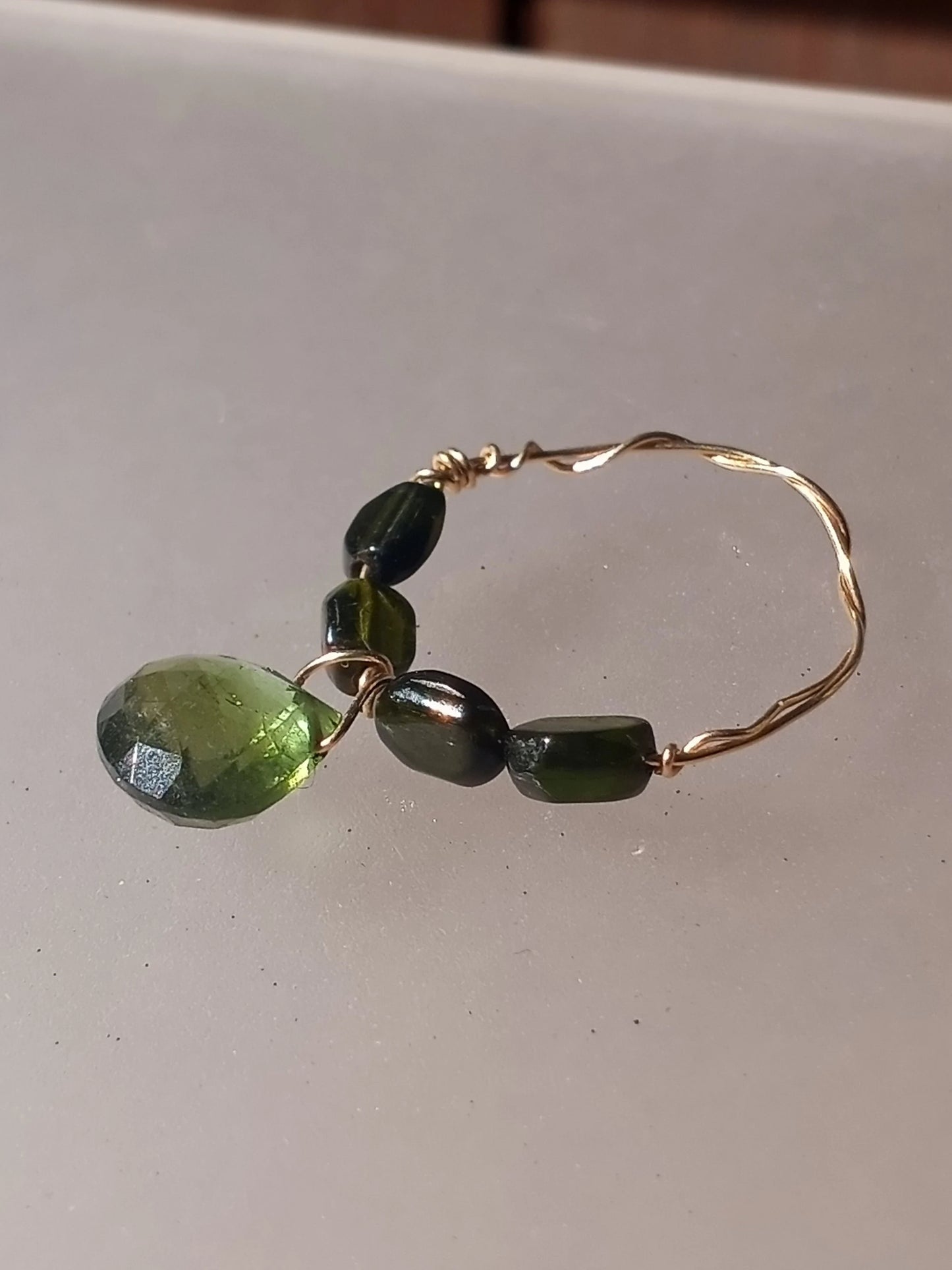 Green Tourmaline Band Briolette Ring 14kt Gold Wire Wrapped Handmade