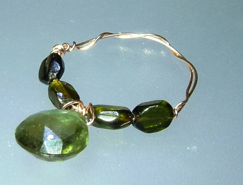 Green Tourmaline Band Briolette Ring 14kt Gold Wire Wrapped Handmade