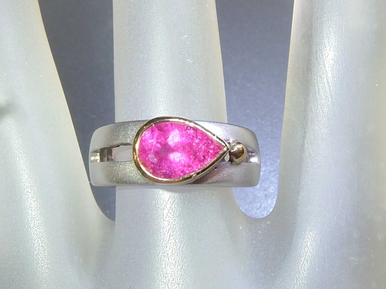 Pink Tourmaline Bezel Solitaire Open Band East West Ring Sterling Silver 18kt Yellow Gold