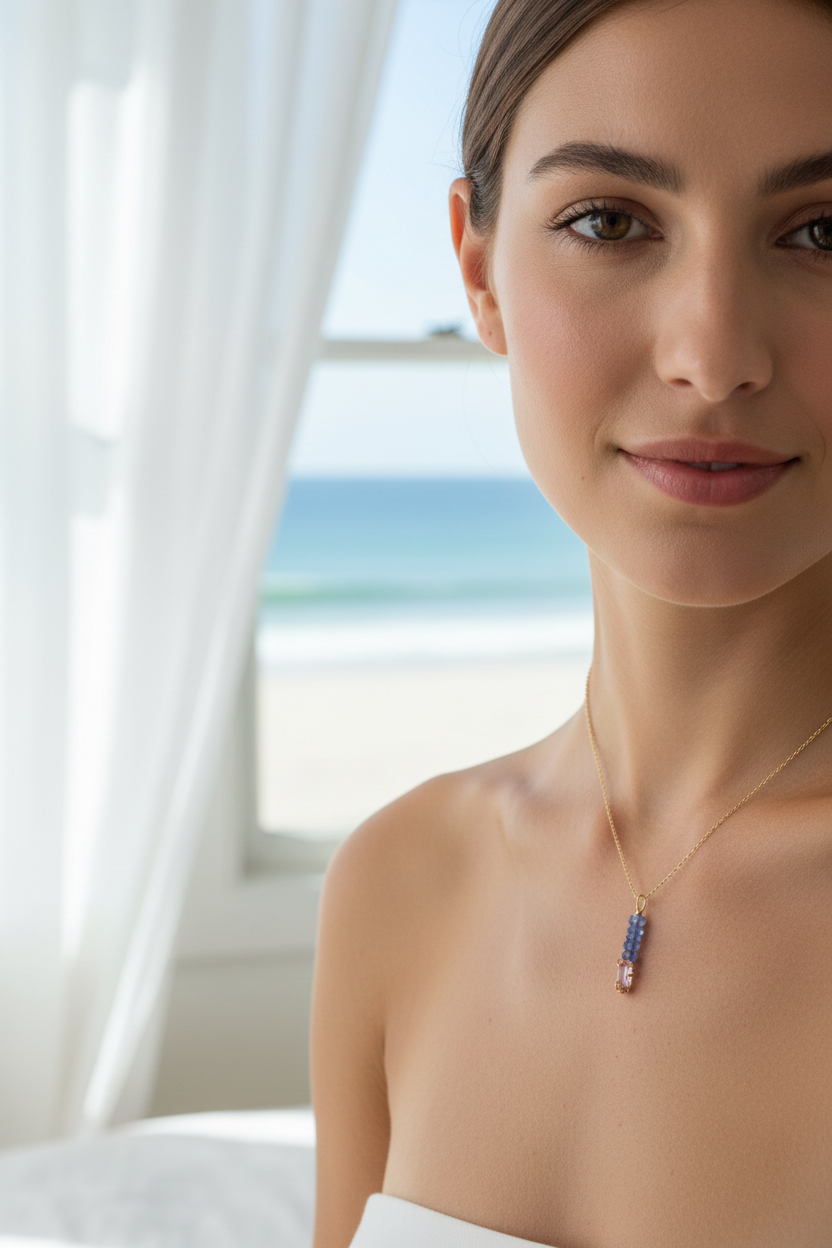 Pink Sapphire & Tanzanite Bead Wire Wrapped Pendant in 14kt Yellow Gold
