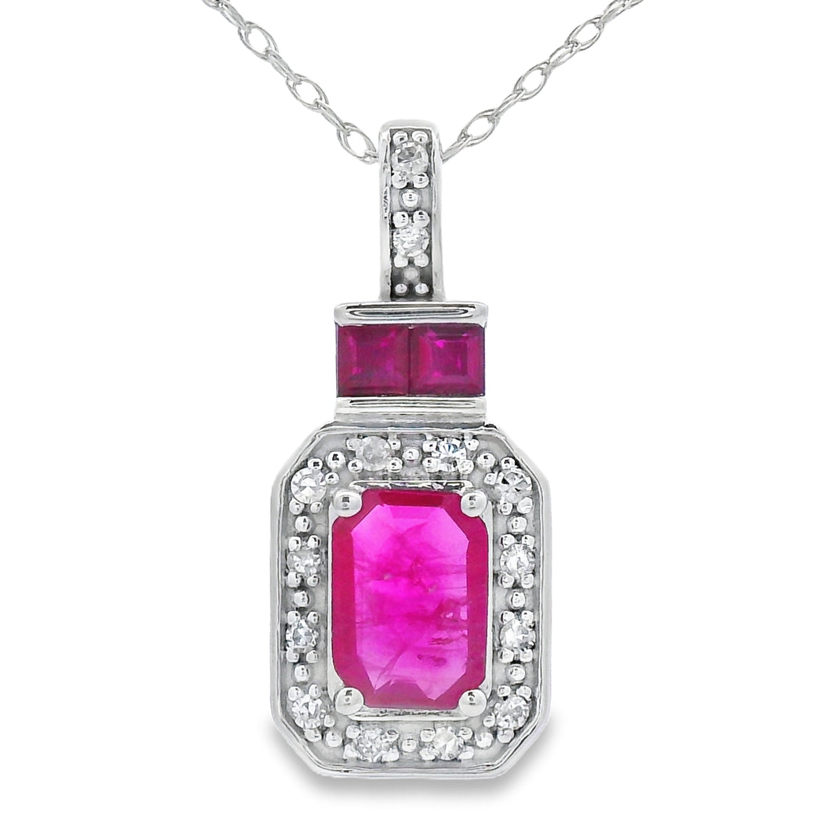 Ruby Diamond Halo Pendant Necklace 14kt White Gold