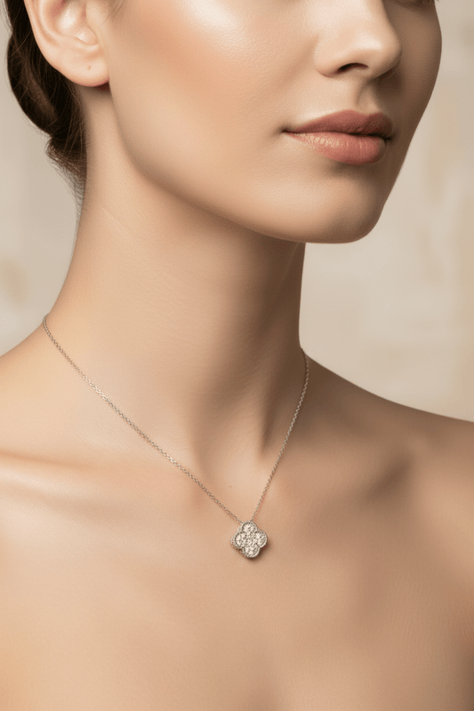Lab Grown Diamond Pave Clover Necklace Sterling Silver - Gems by Gigi
