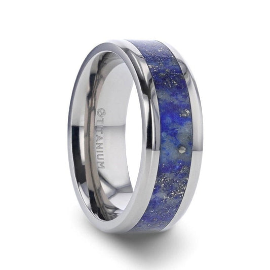 MALONE Men's Titanium Wedding Ring with Blue Lapis Inlay - Gems by Gigi