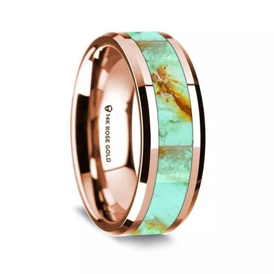 Mens Wedding Band 14kt Rose Gold Turquoise Inlay 8mm - Gems by Gigi