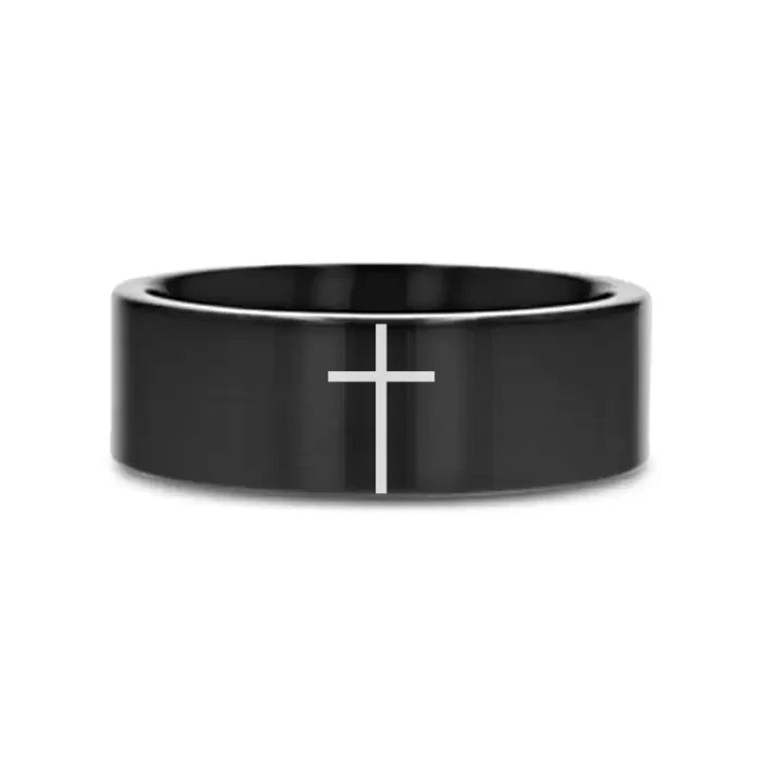MINIMALIST CROSS Laser Engraved on Flat Black Tungsten Carbide Ring - Gems by Gigi