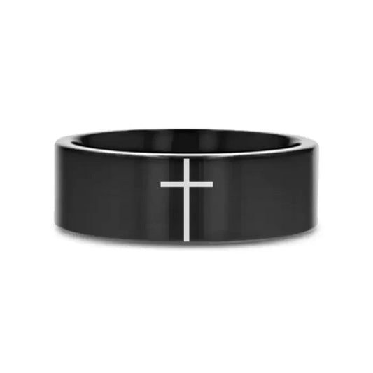 MINIMALIST CROSS Laser Engraved on Flat Black Tungsten Carbide Ring - Gems by Gigi