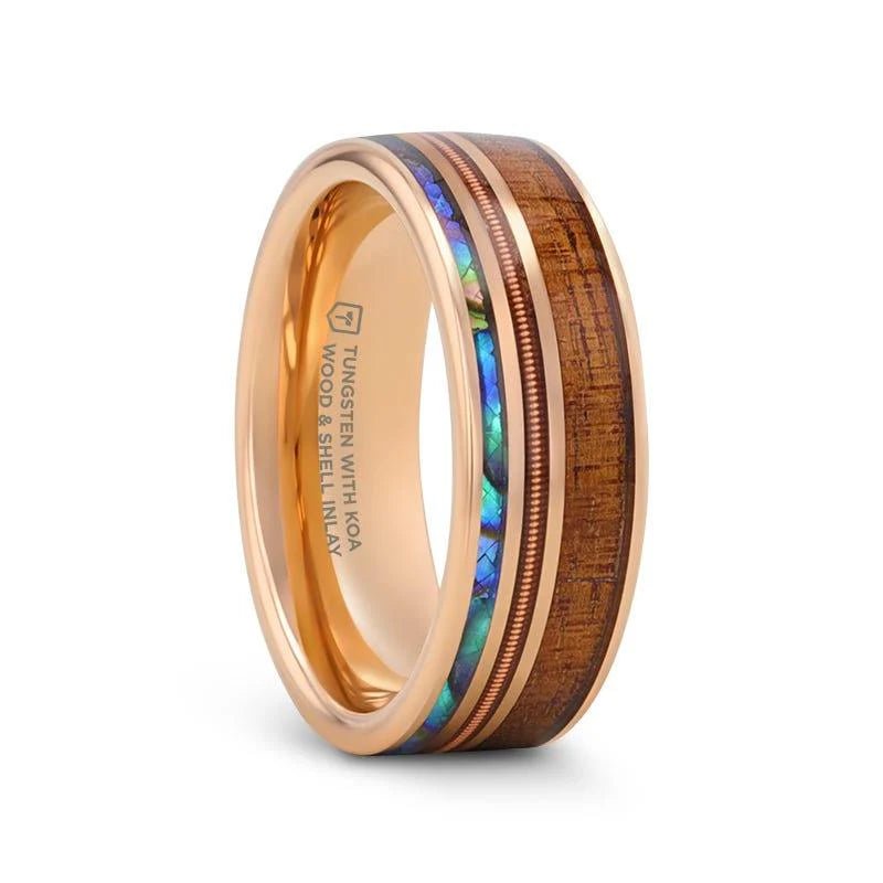 MOANA Smoked Rose Gold Tungsten Ring with Hawaiian Koa Wood Abalone & Guitar String - Gems by Gigi